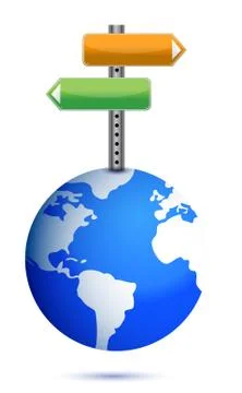 Road sign over globe over white background Ilustração Stock