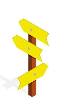 Road sign, pointer, landmark. Bright yello. Isometric Stock Illustration