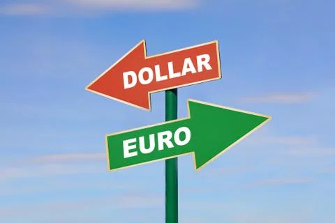 Road sign with two different arrows over blue sky Ilustración de archivo