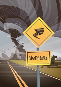Road Sign Warning About Tornado, Twister Hurricane Countryside Wind Swirl Stock Illustration