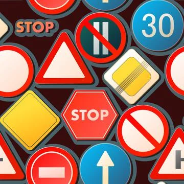 Road signs. Dark background. Auto traffic seamless pattern. Specify and limit Stock Illustration