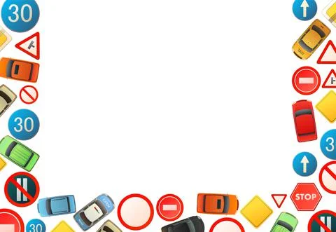 Road signs frame border. Auto traffic background. Specify and limit. Top view Stock-Illustration