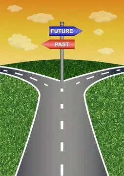 Road with signs pointing to future and past choices イラスト素材