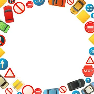 Road signs round frame border. Auto traffic background. Specify and limit. To Stock-Illustration