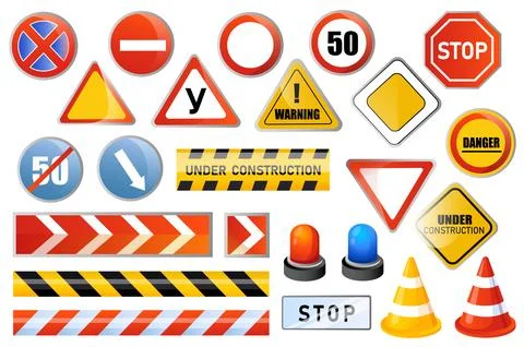 Road signs set graphic elements in flat design. Bundle of stop, speed limit,  Illustrazione stock