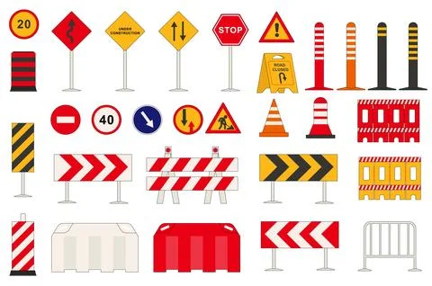 Road signs set graphic elements in flat design. Bundle of signpost and dire.. Illustrazione stock