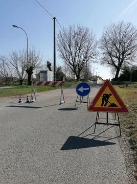 Road signs of work in progress Stock Photos