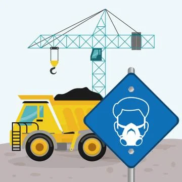 Road sing man mask dump truck and crane construction Stock Illustration