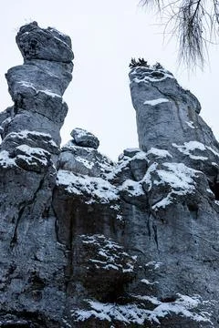 The road in the snow between trees and rocks Stock Photos