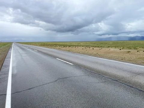 The road in the steppes of Mongolia on a cloudy day Stock Photos