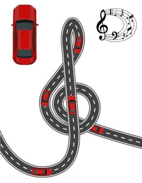 The road is stylized in the form of a treble clef. Red car. Music on the road Stock Illustration