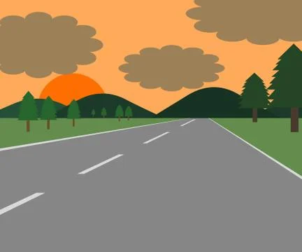 Road sunset meadow Stock Illustration