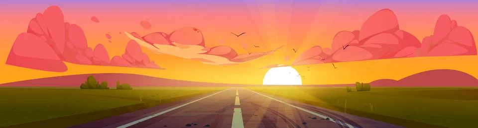 Road at sunset perspective view, summer nature Illustrazione stock