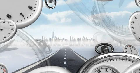 Road with surreal time clocks perspective Stock Illustration