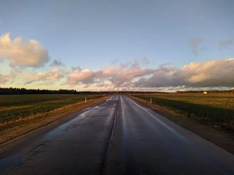 Road surrounded by fields leading far beyond the horizon at evening Stock Photos