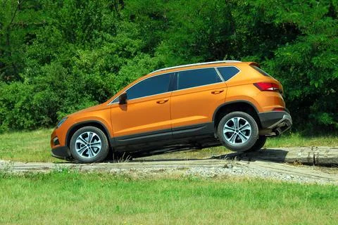Off-road SUV on the test site Stock Photos