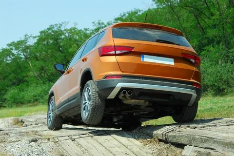 Off-road SUV on the test site Stock Photos