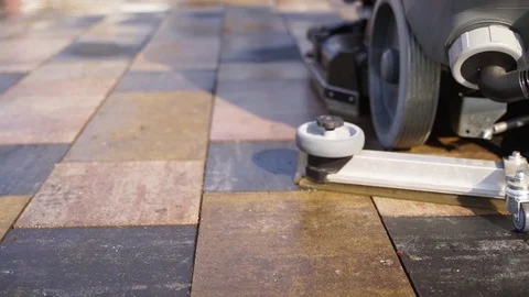 Road sweeping machine details - brush. Street sweeper car cleaning city sidewalk Stock Footage 126572910