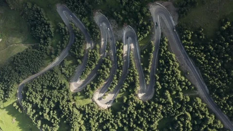 Road with Switchback Going Up Mountain Forest. 4k Aerial Drone Stock Footage 115545002