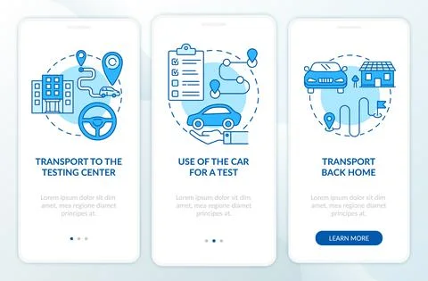 Road test services blue onboarding mobile app page screen Stock Illustration