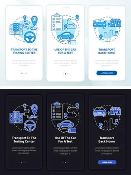 Road test services dark, light onboarding mobile app page screen Illustrazione stock