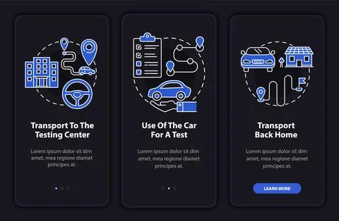 Road test services dark onboarding mobile app page screen Illustrazione stock