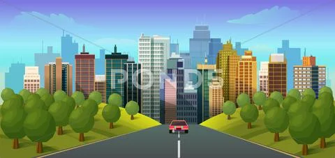 Road through the countryside into the city Stock Illustration