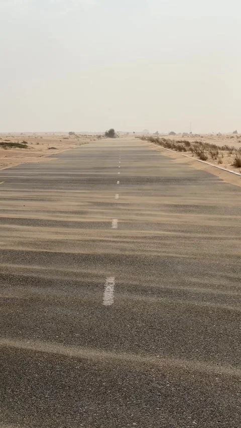 Road through a desert landscape. Empty desert road with strong wind blowing.. Vídeo Stock 338321080