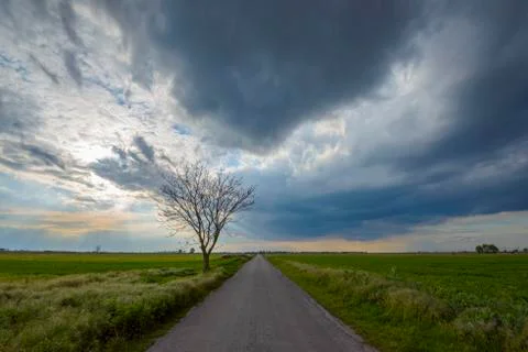 Road through Field with Storm Clouds in Tadten, Burgenland, Austria Stock Photos