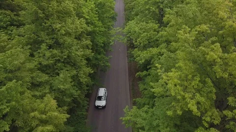 The road through the forest. Highway top view at sunset day. Cars drive alon Stock Footage 129894048