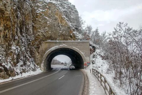 Road through forest with trees covered with snow Stock Photos