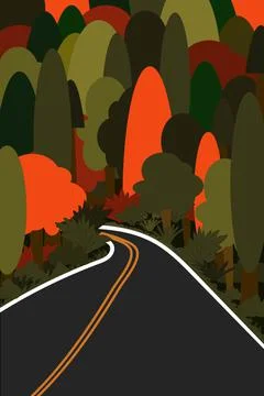 Road through the forest. Vector illustration of the beginning of autumn Stock Illustration