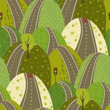 Road Through The Green Hills vector seamles pattern urban background doodle Stock Illustration