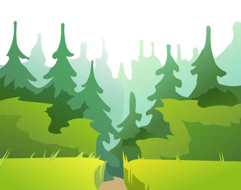 Road through the meadow and forest. Beautiful coniferous trees. Summer rural  Stock Illustration
