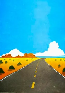 Road through remote, arid desert landscape Stock Illustration