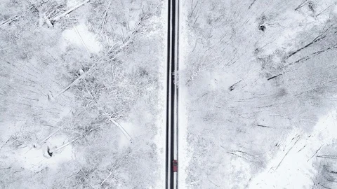 Road through snow-covered forest - aerial view Stock-Footage 102495749