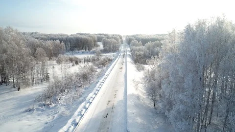 Road Through Winter  Birch Forest Covered With Hoarfrost. Stock Footage 119167618