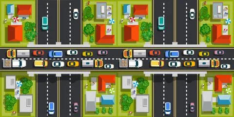 Road top view with highways many different vehicles. Stock Illustration