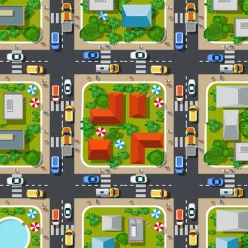 Road top view with highways many different vehicles. Stock Illustration