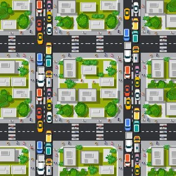 Road top view with highways many different vehicles. Stock Illustration