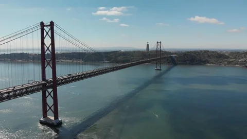 Road traffic on 25th April Bridge in Lisbon aerial static shot Stock-Footage 107990318