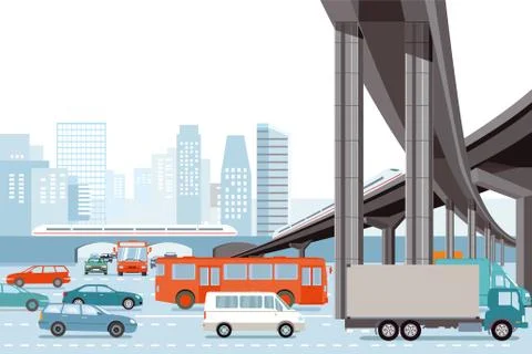 Road traffic in the city with elevated train, illustration Illustrazione stock