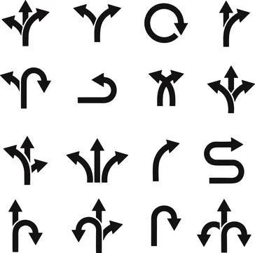 Road traffic direction arrows flat set. You-turn, left, right, two way, thr.. Stock Illustration