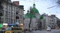 Road traffic near church of the Nativity of Christ, Ternopil, Ukraine HD Footage