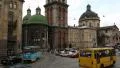 Road traffic near the Dormition or Assumption church in Lviv, Western Ukraine HD Footage
