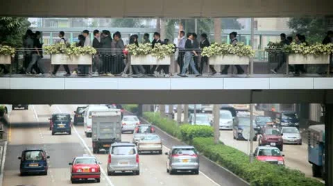 Road traffic Pedestrian elevated walkway, Hong Kong Stock Footage 21998704