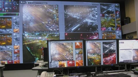 Road traffic on several monitors in operations room. Stock Footage 67649018