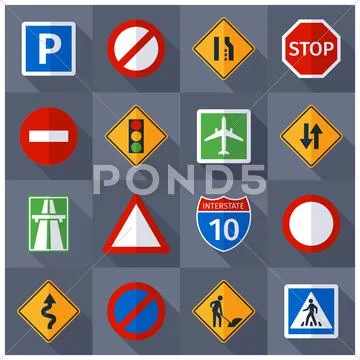 Road traffic signs flat icons set Stock Illustration