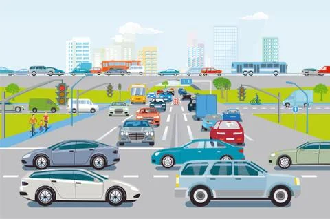 Road traffic with traffic jam at the intersection, illustration 스톡 일러스트