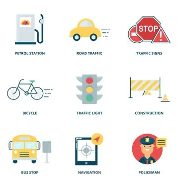 Road traffic vector icons set, flat style Stock Illustration